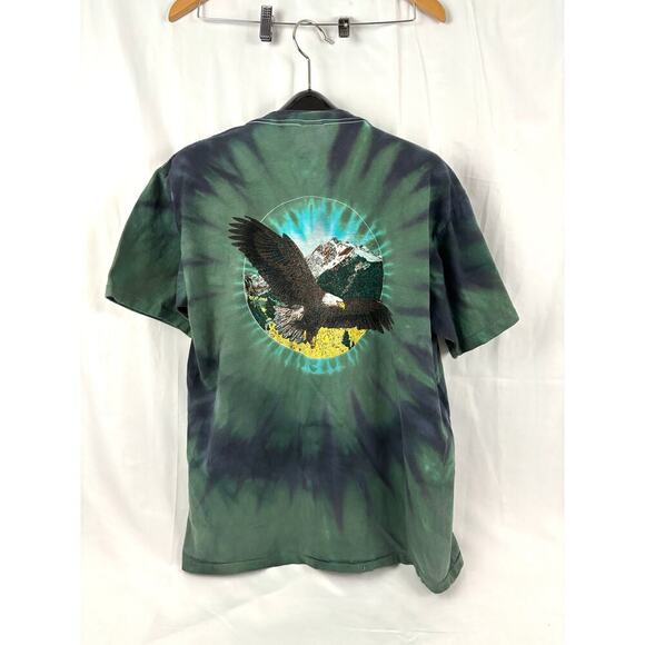 VTG 90s Green Tie-dyed Bald Eagle Flying Over Mountains T-Shirt X-LARGE - Picture 9 of 11